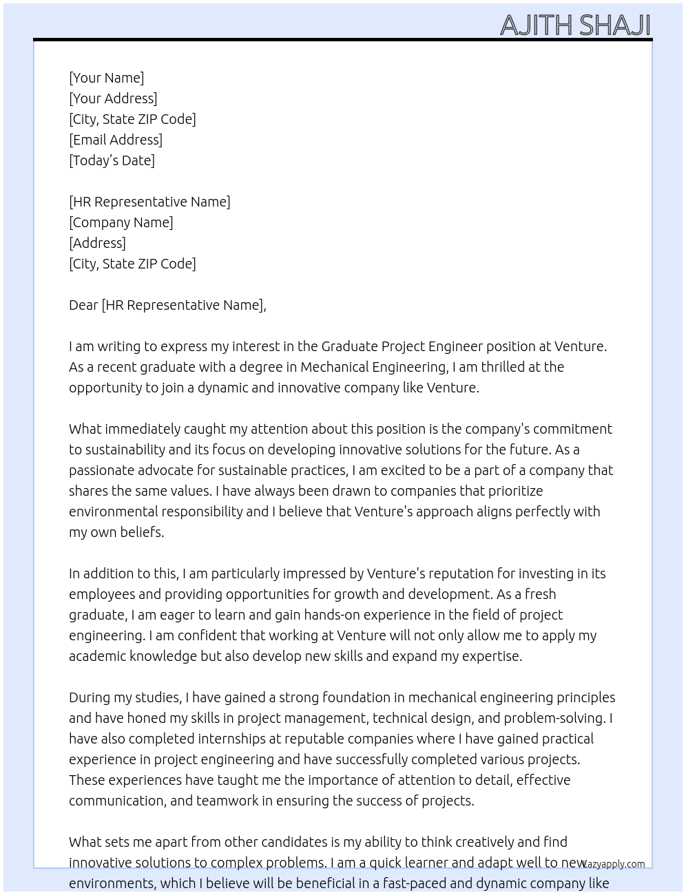 graduate project engineer At venture Cover Letter