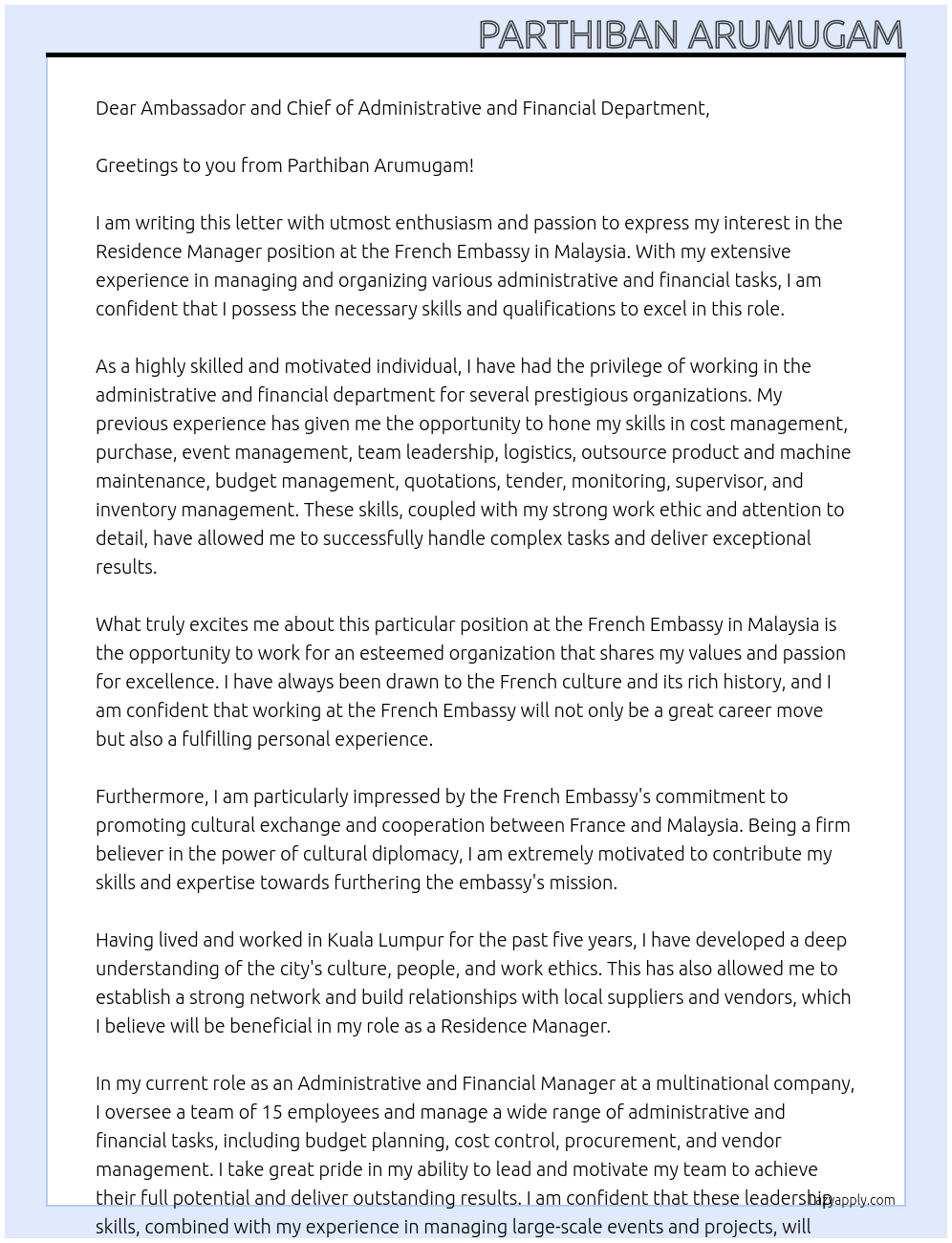 Residence Manager At French Embassy in Malaysia Cover Letter