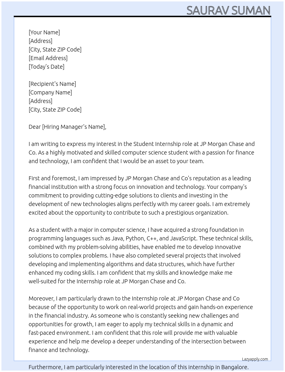 Student At JP MORGAN CHASE AND CO Cover Letter