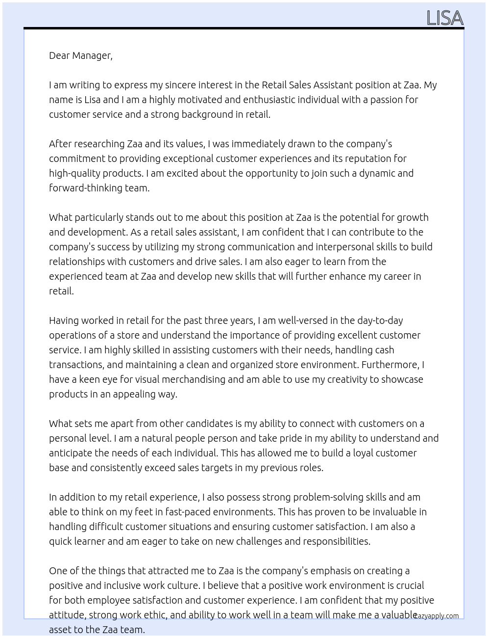 retail sales assistant At zaa Cover Letter