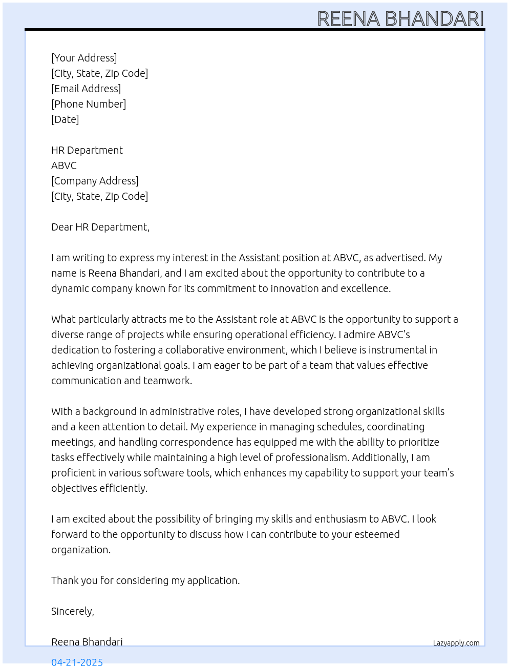 ASSISTANT At abvc Cover Letter