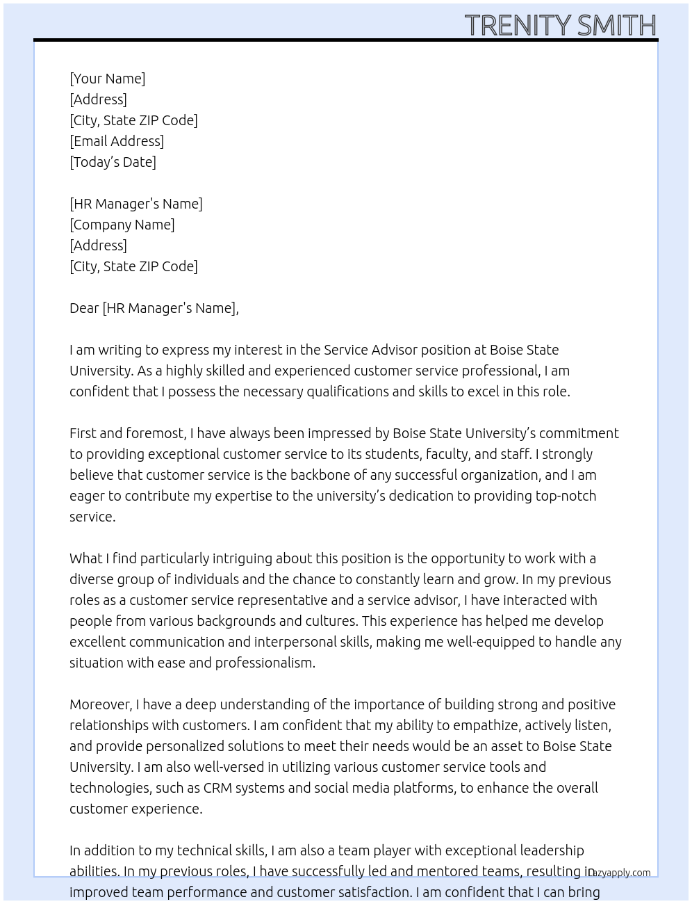 Service Advisor At Boise State University  Cover Letter