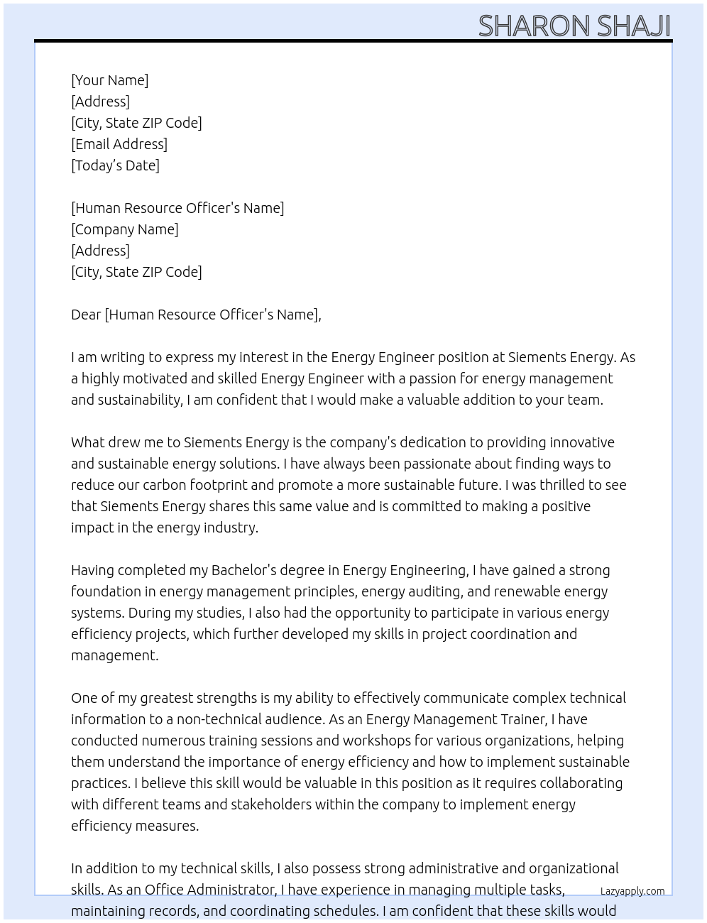 Energy Engineer At Siements Energy Cover Letter