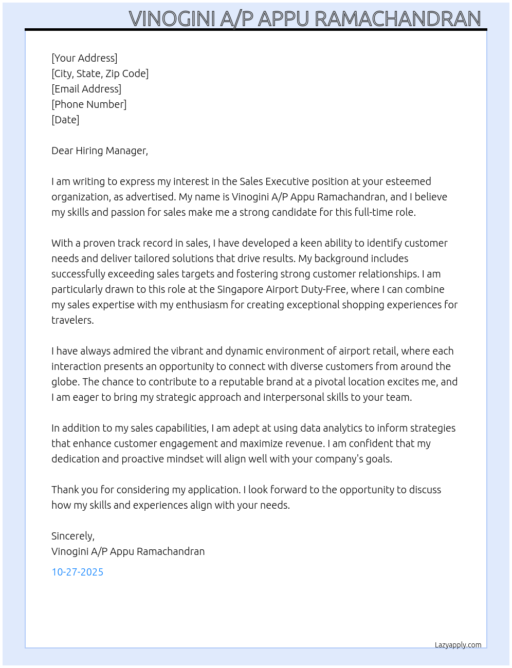 Sales executive  At No Cover Letter