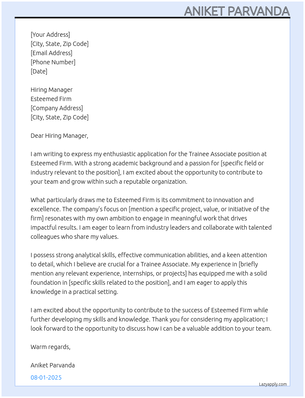Cover letter for trainee associate - LazyApply