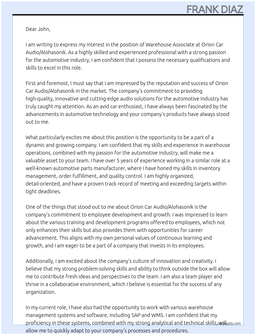 Warehouse Associate At Orion Car Audio/ Alohasonik Cover Letter