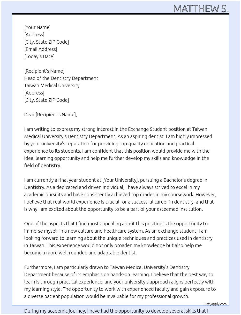 Exchange student At Taiwan medical University  Cover Letter