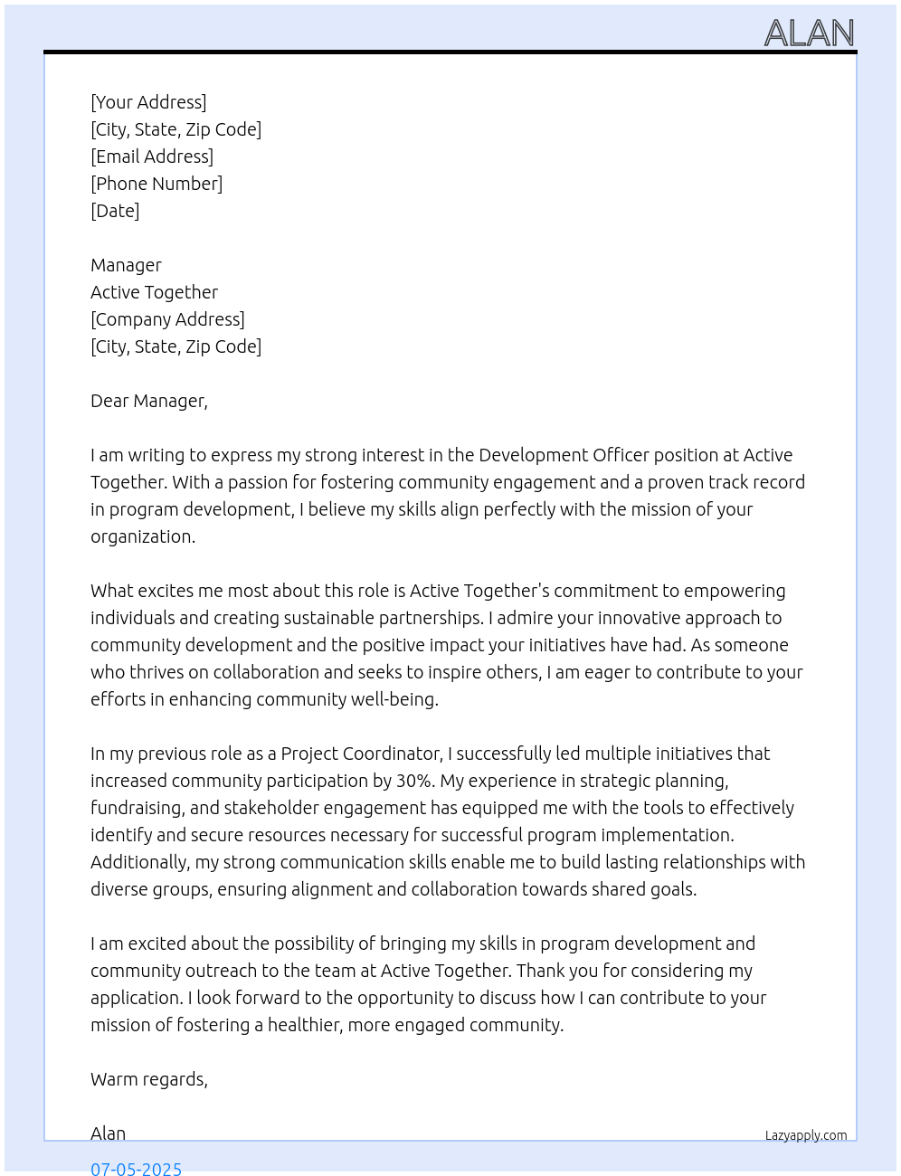 Cover letter for development officer - LazyApply