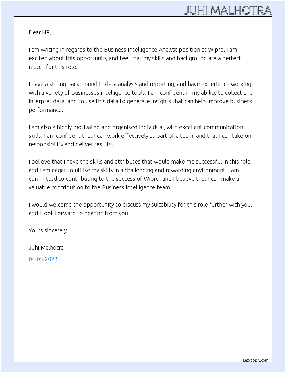 Business Intelligence Analyst At Wipro Cover Letter