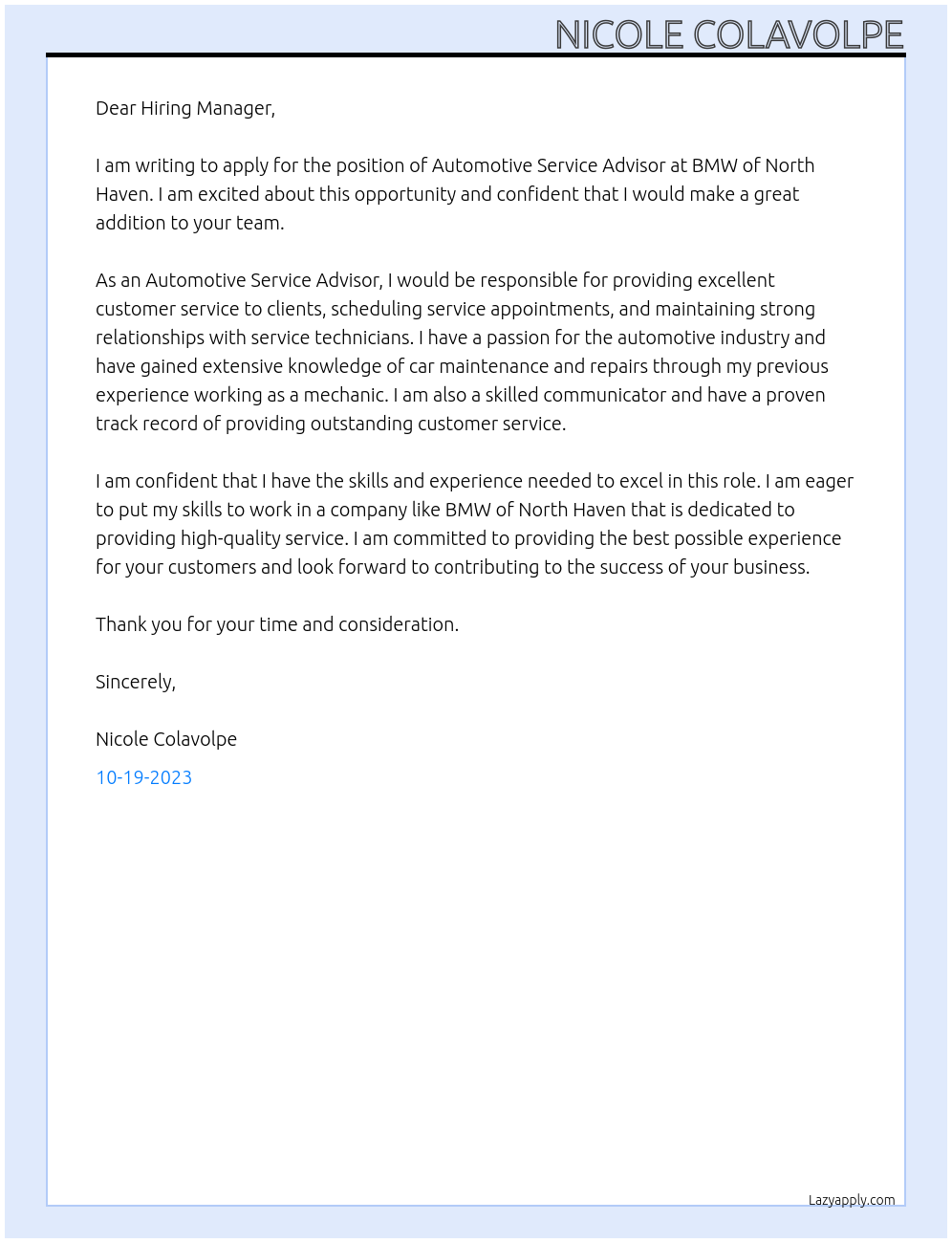 Automotive Service Advisor At BMW of North Haven Cover Letter