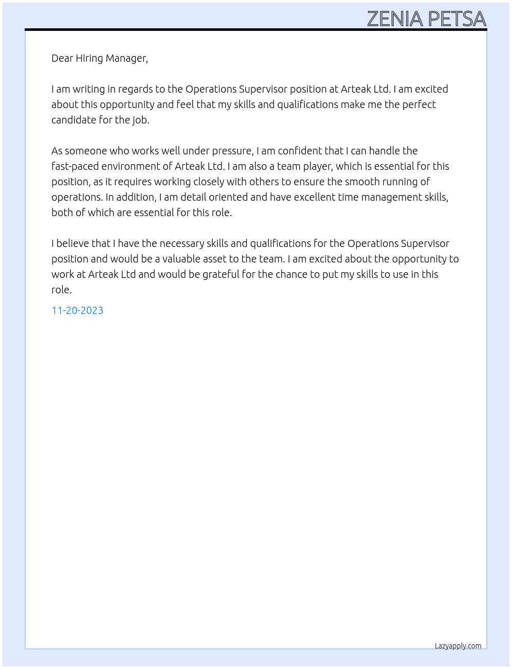 Operations Supervisor At Arteak Ltd. Cover Letter