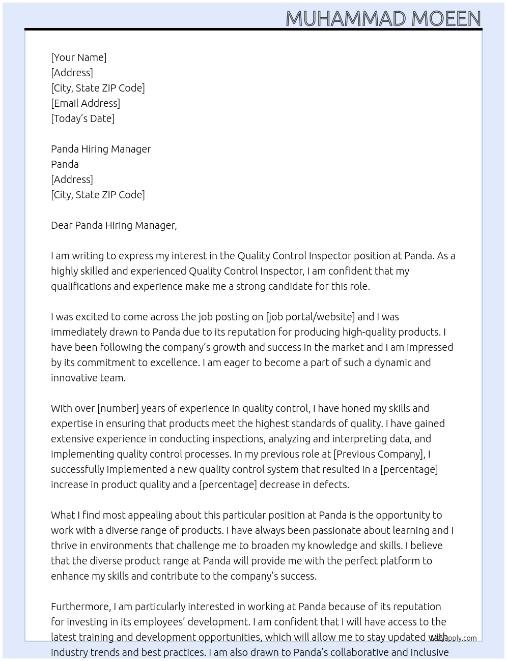 Quality Control Inspector At Panda Cover Letter