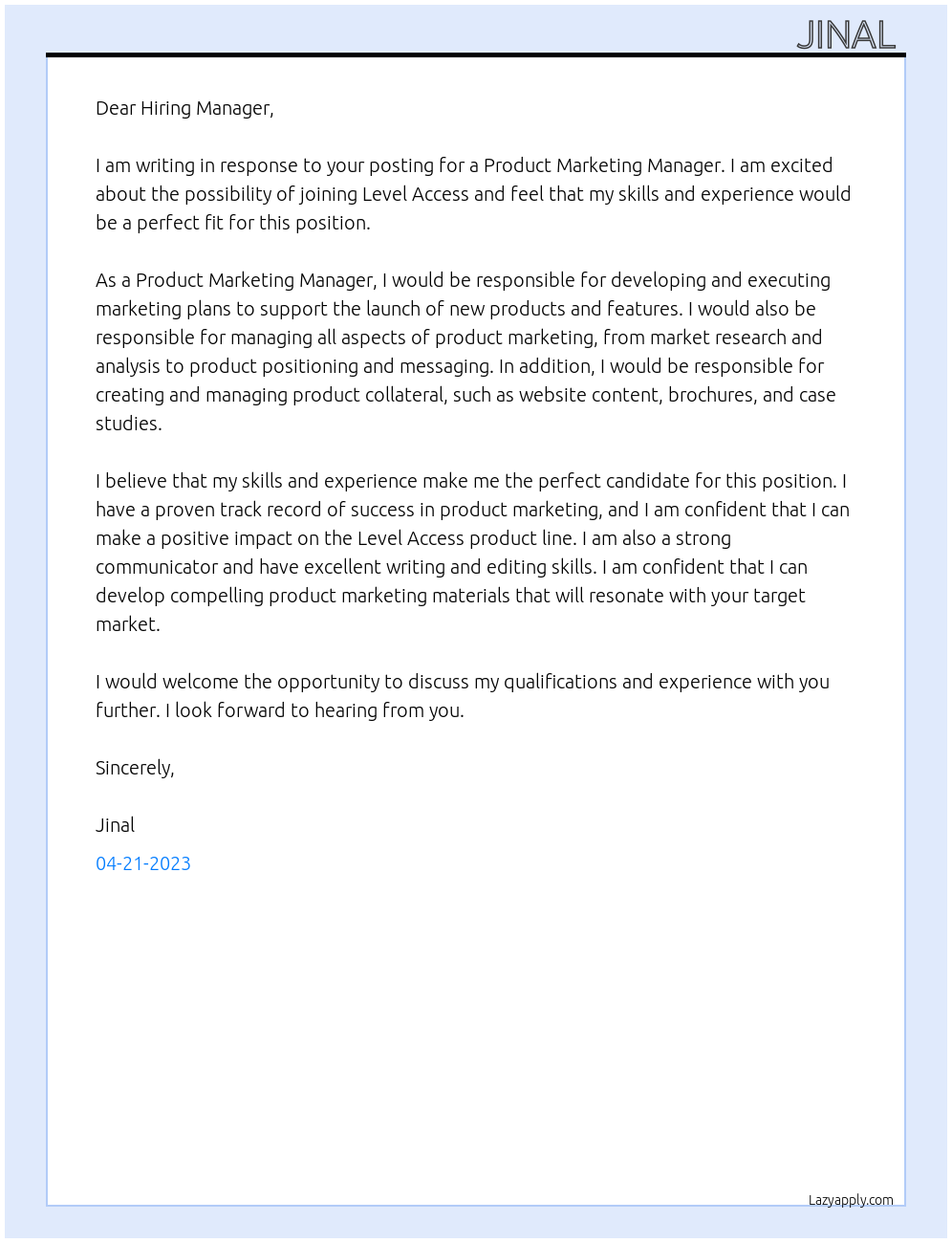 Product Marketing Manager At Level Access Cover Letter