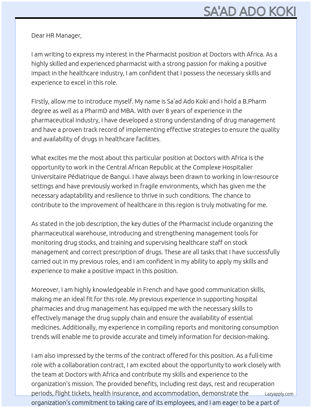 Pharmacist At Doctors with Africa Cover Letter