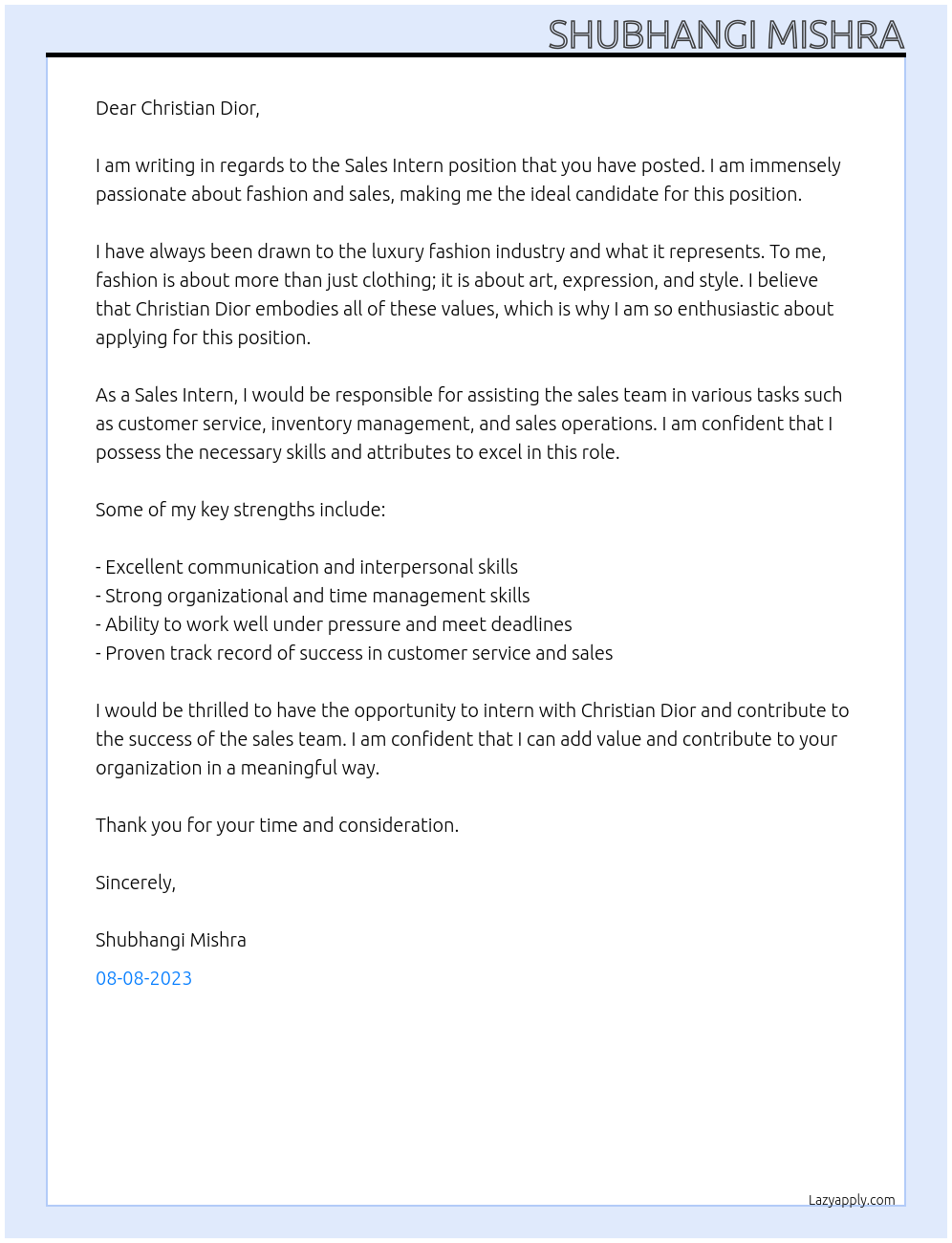 sales intern At Christian Dior Cover Letter