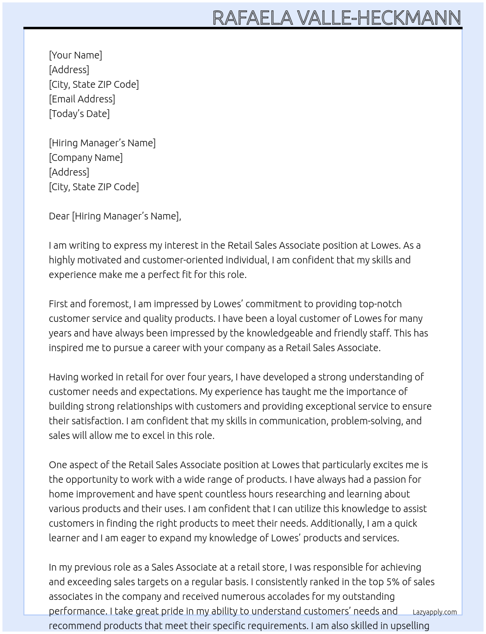 Retail Sales Associate At Lowes Cover Letter