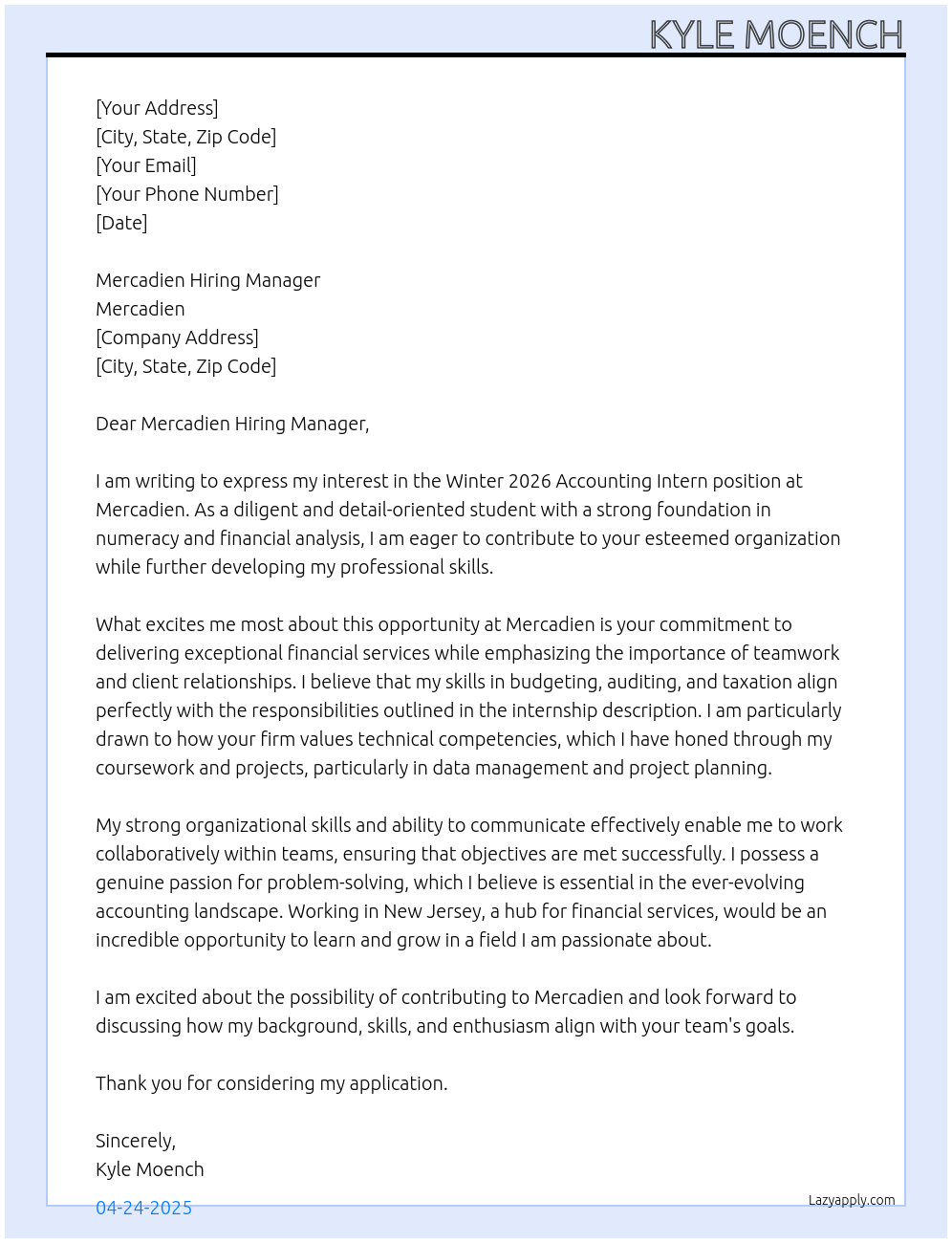 Cover letter for winter 2026 accounting intern - LazyApply