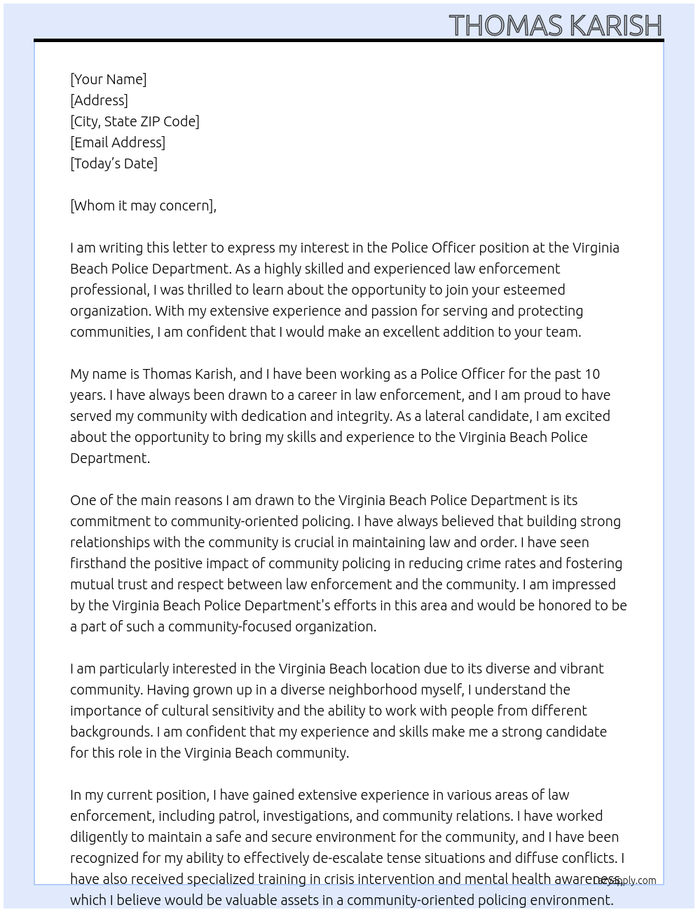 Police officer At Virginia Beach Police Department Cover Letter