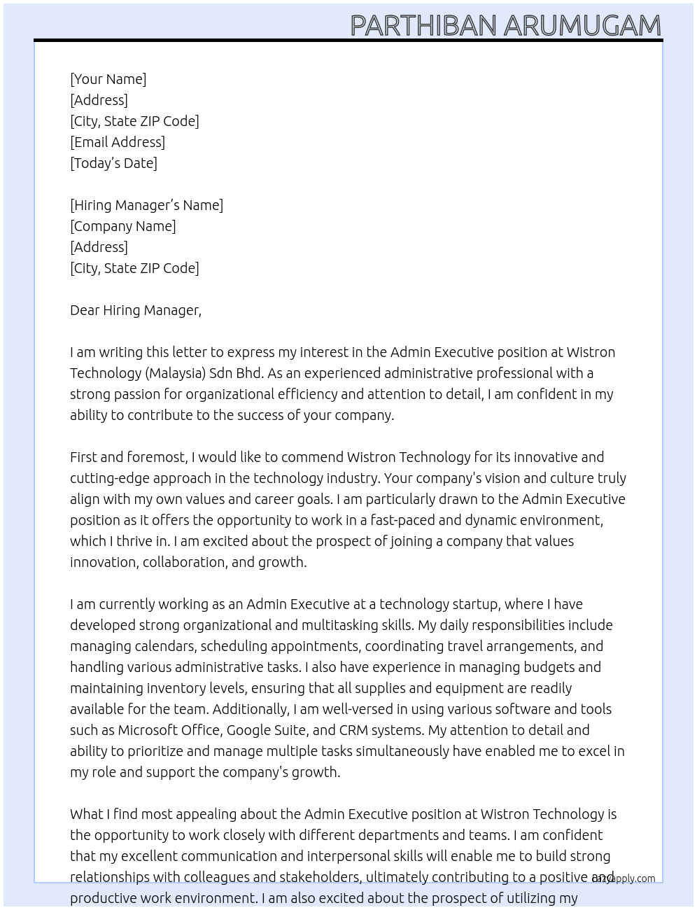 Admin Executive At Wistron Technology (Malaysia) Sdn Bhd Cover Letter