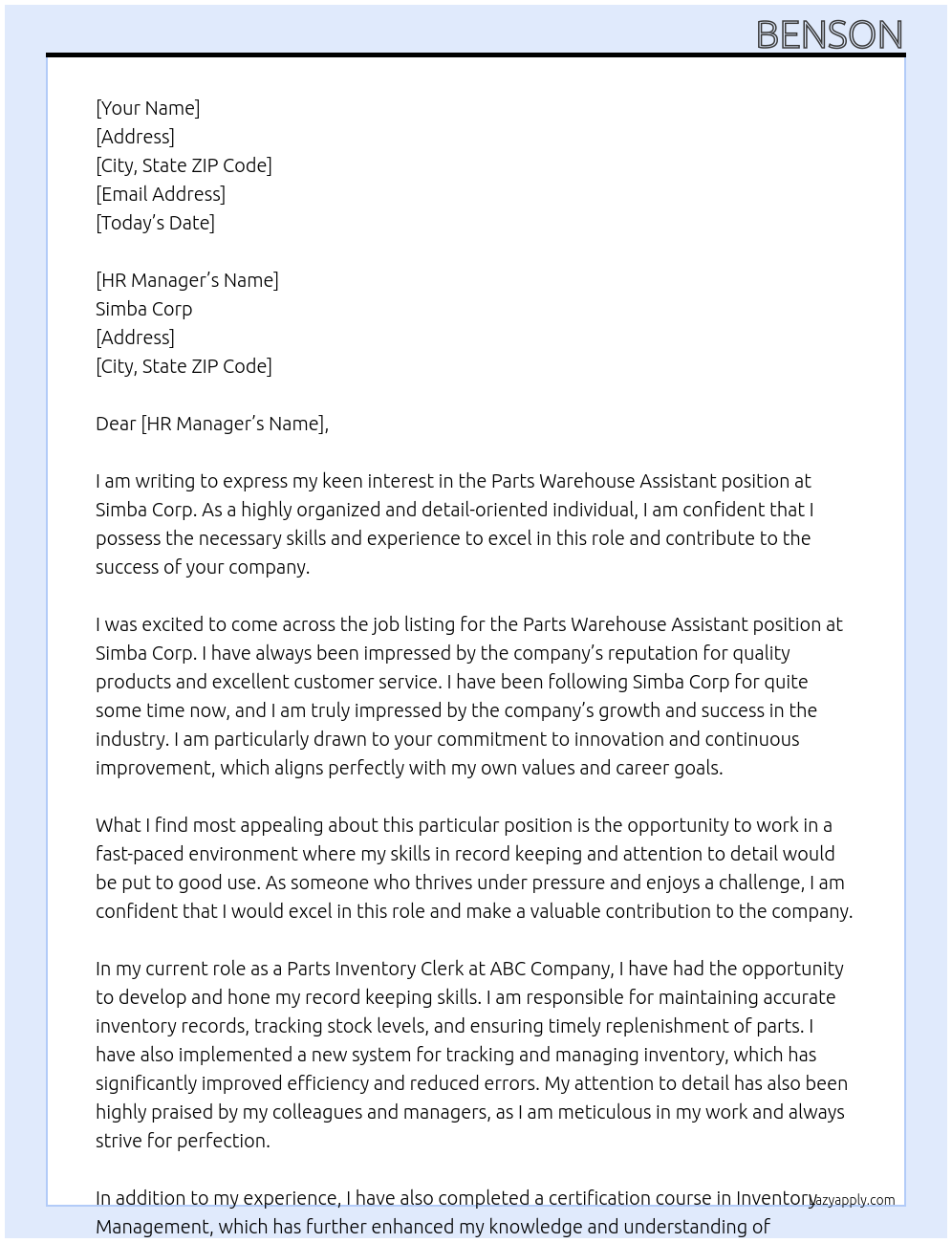 Cover letter for parts warehouse assistant - LazyApply