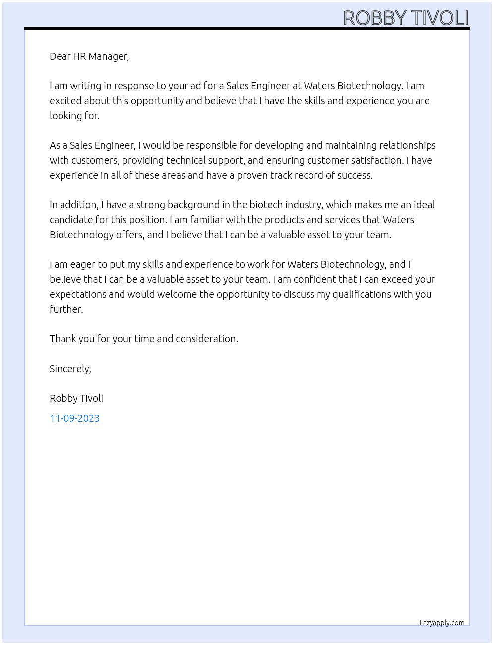 Sales Engineer At Waters Biotechnology Cover Letter