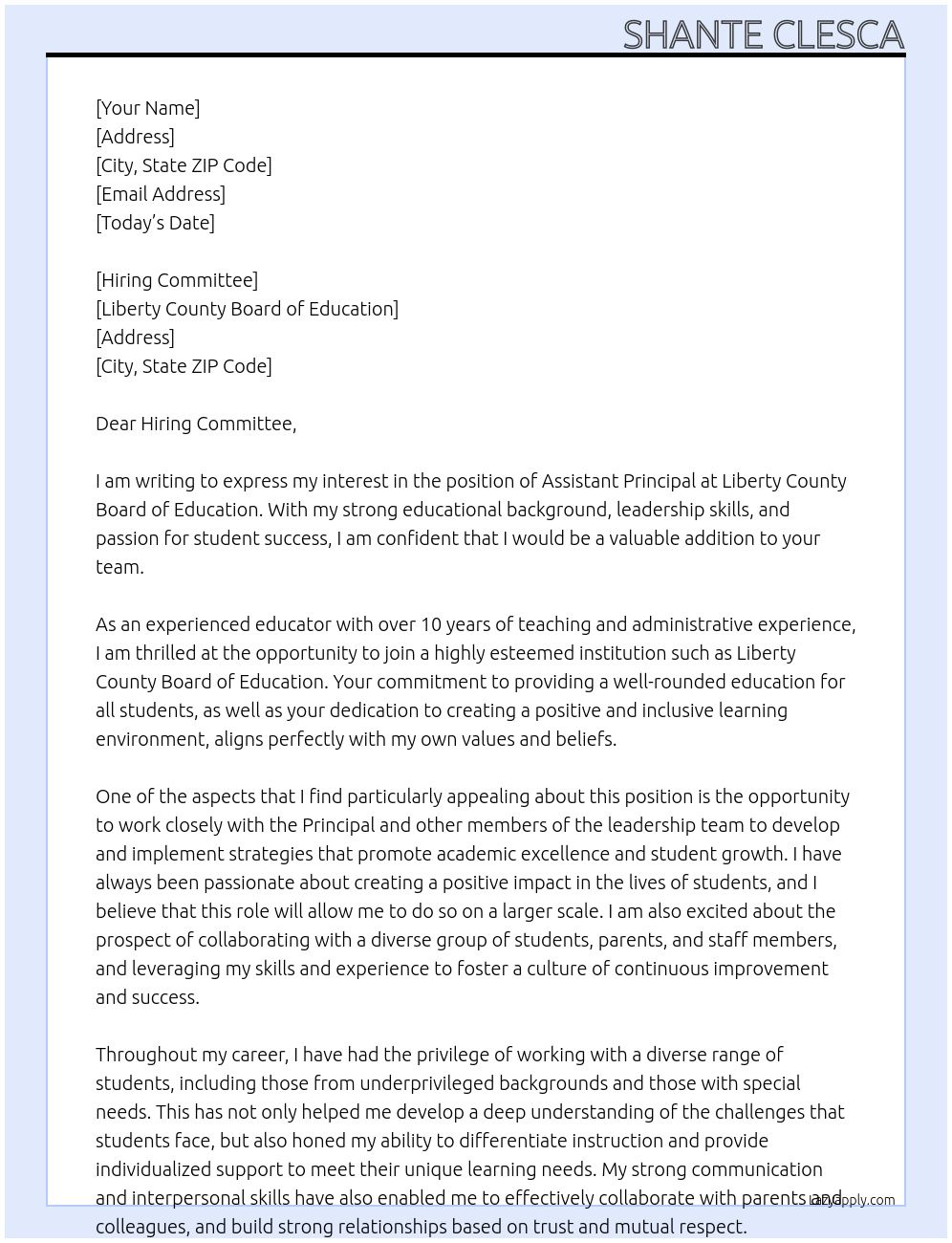 Assistant Principal At Liberty County Board of Education Cover Letter