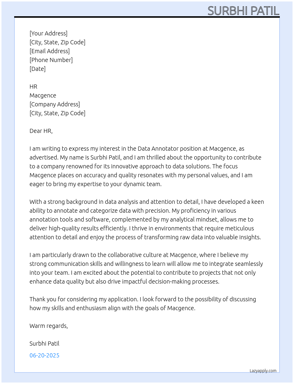 Data Annotator At Macgence Cover Letter