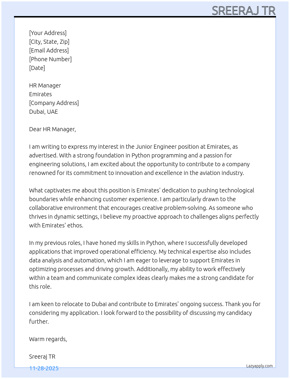 Cover letter for junior engineer - LazyApply