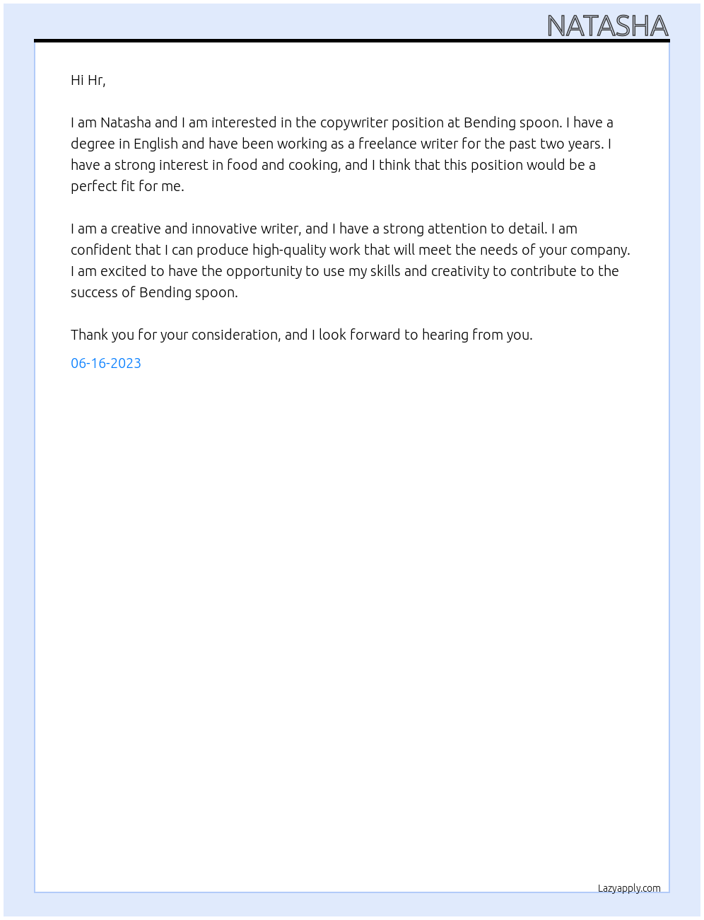 Copywriter At Bending spoon Cover Letter