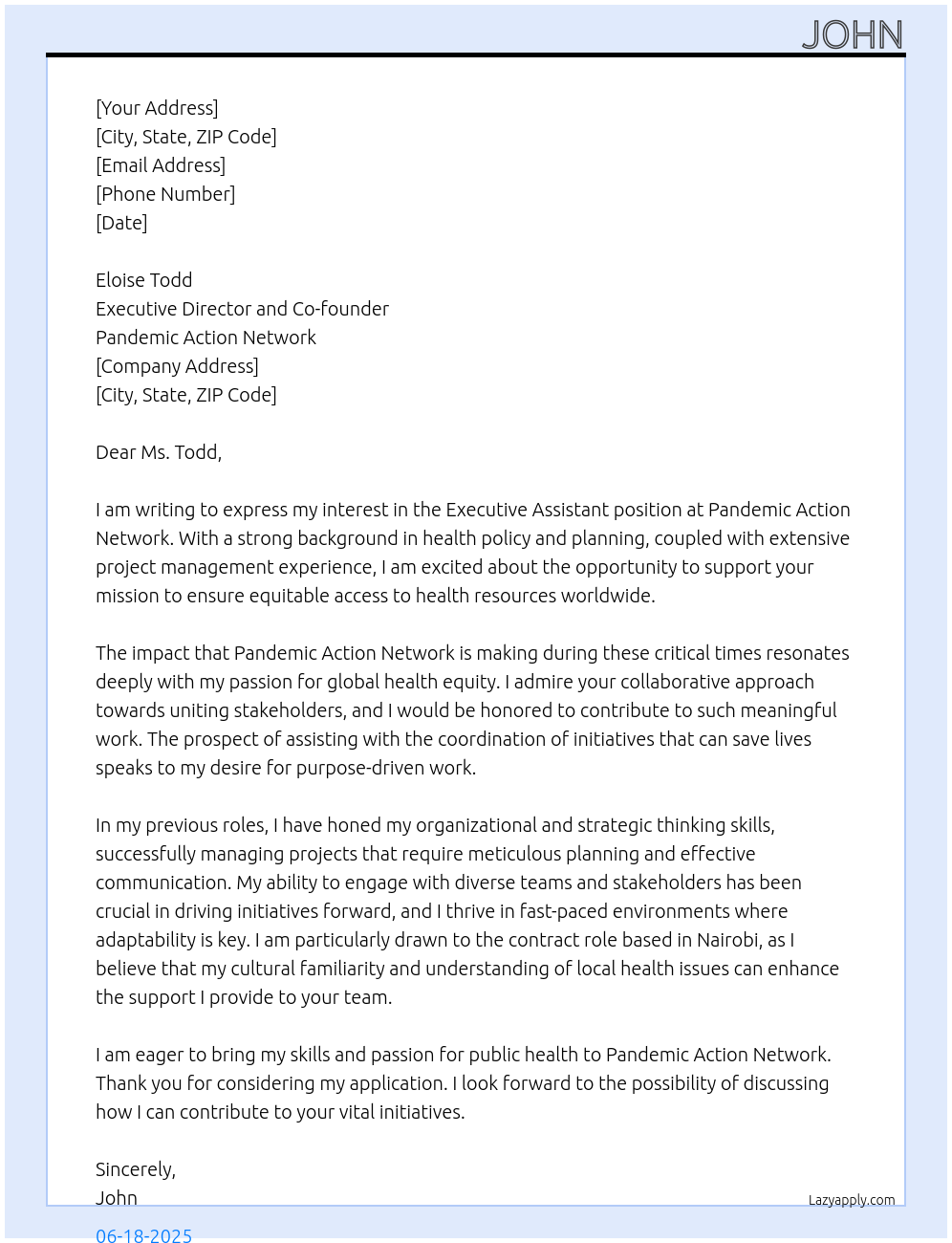 Executive Assistant  At Pandemic Action Network  Cover Letter