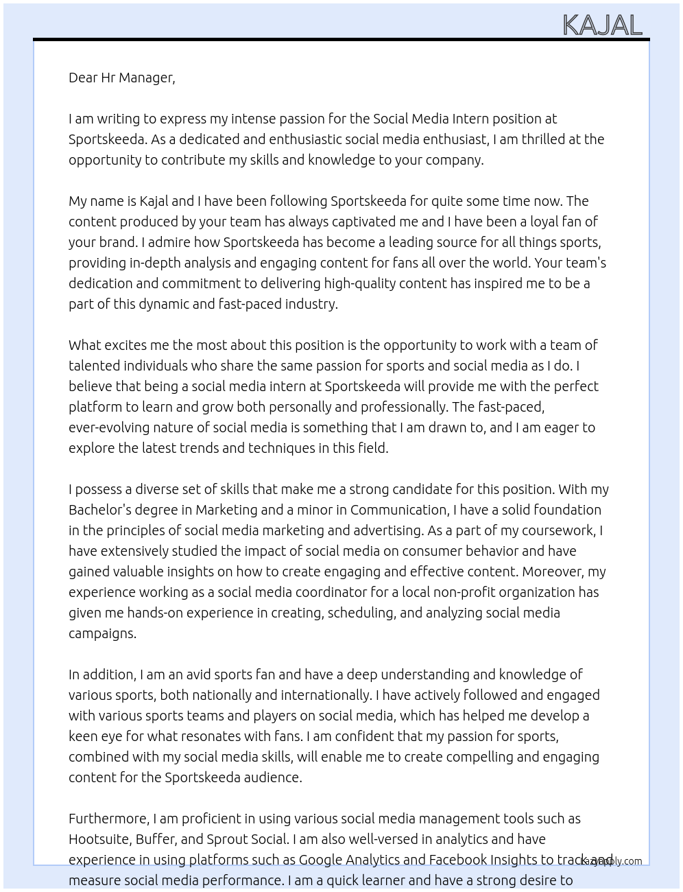 Social media intern At Sportskeeda Cover Letter
