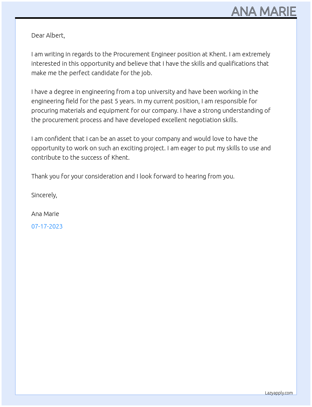 Procurement engineer At Khent Cover Letter