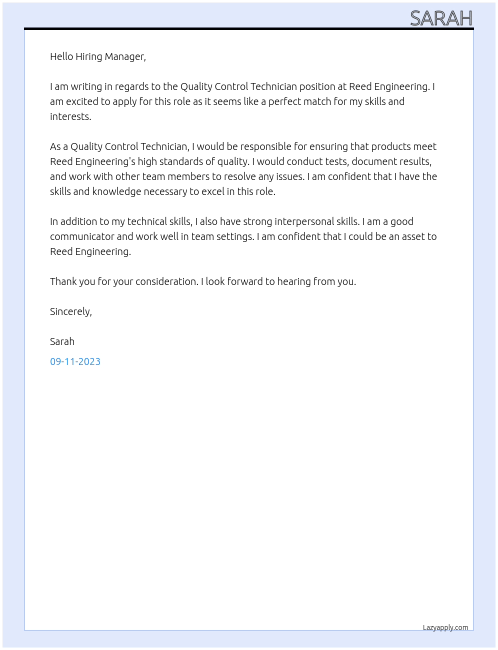Quality Control Technician At Reed Engineering Cover Letter