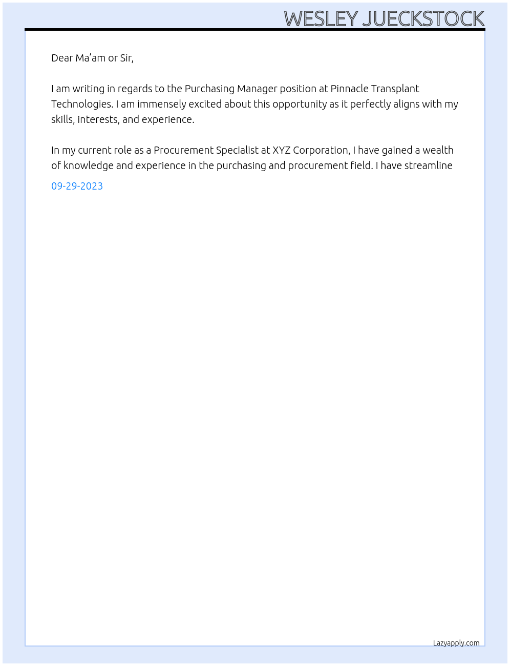 Purchasing Manager At Pinnacle Transplant Technologies Cover Letter