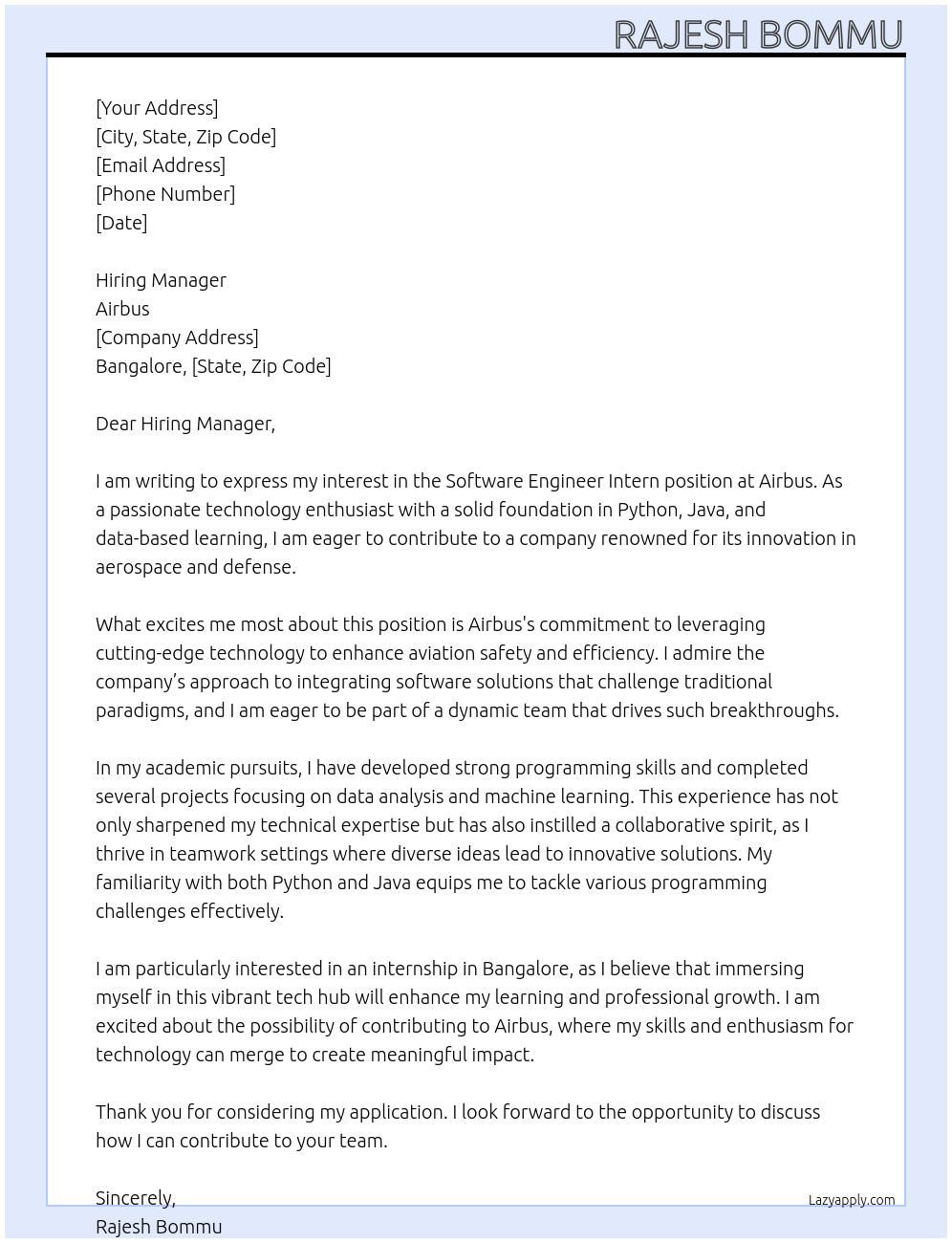 Software engineer intern At Airbus Cover Letter