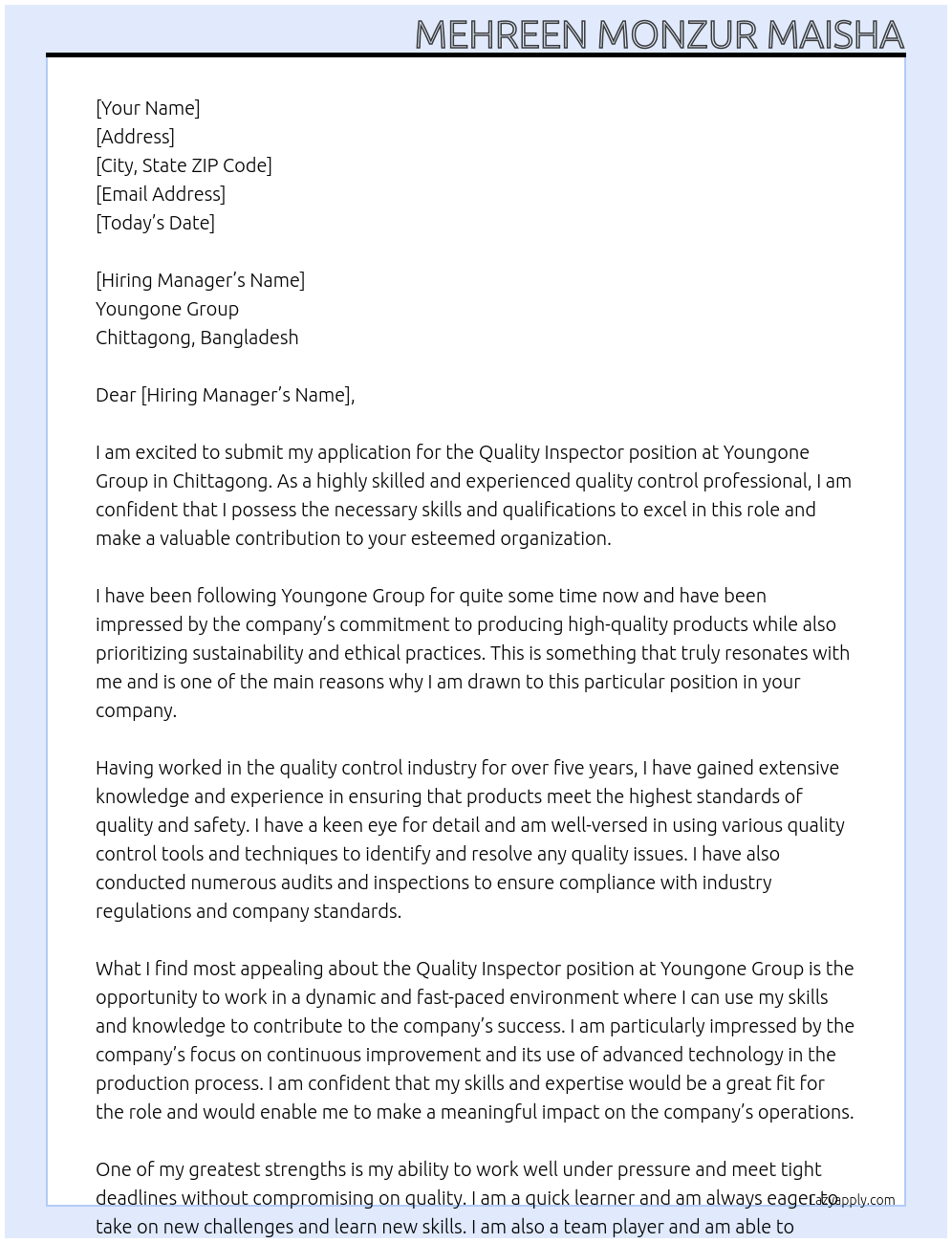 Quality Inspector At Youngone Group - Chittagong Cover Letter