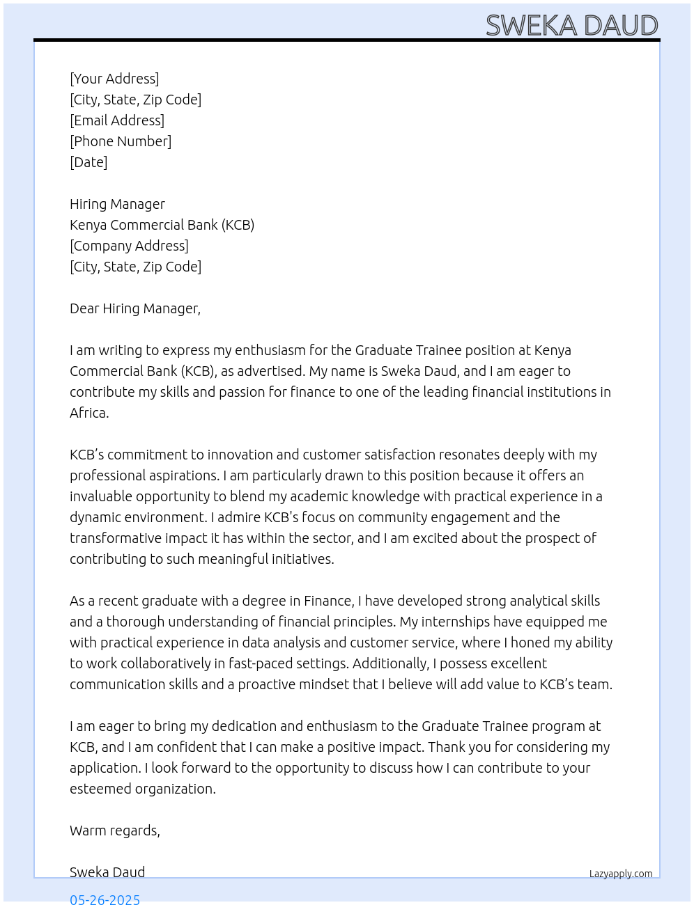 Graduate trainee At KENYA COMMERCIAL BANK (KCB) Cover Letter