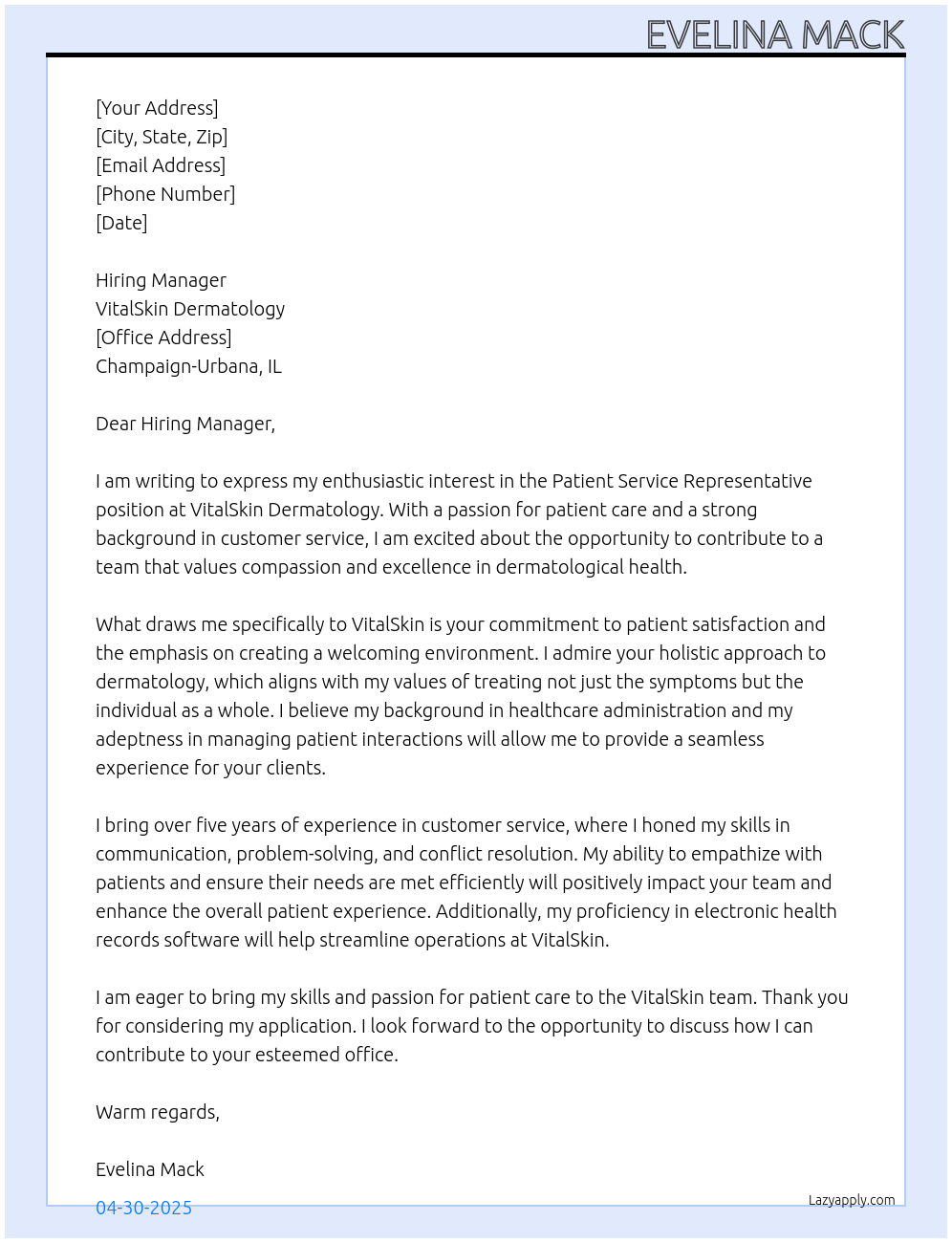 Cover letter for patient service representative - LazyApply