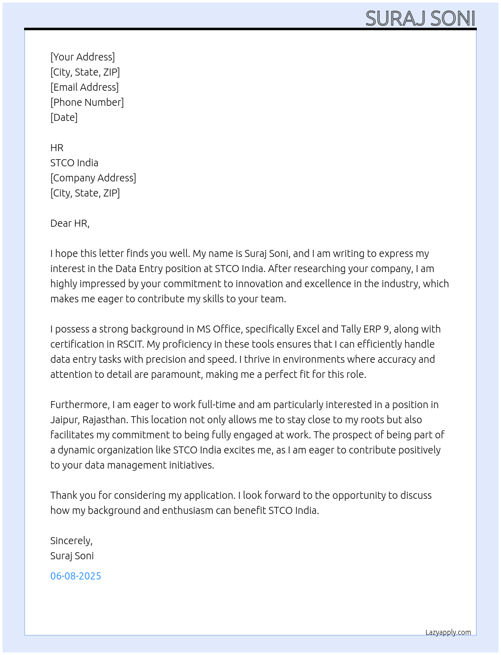 Data entry At STCO india Cover Letter