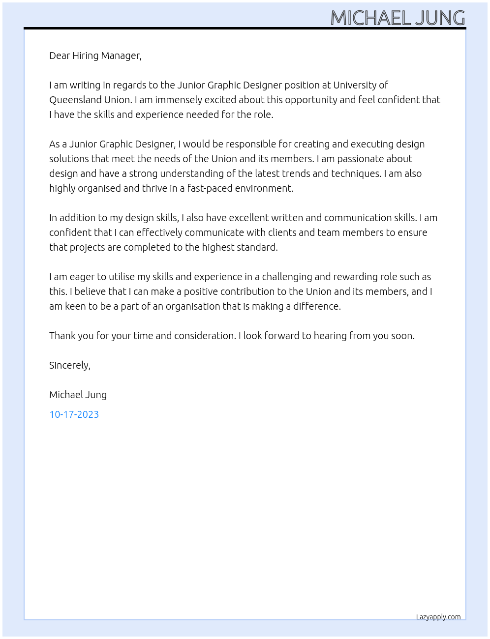 Junior Graphic Designer At University of Queensland Union Cover Letter