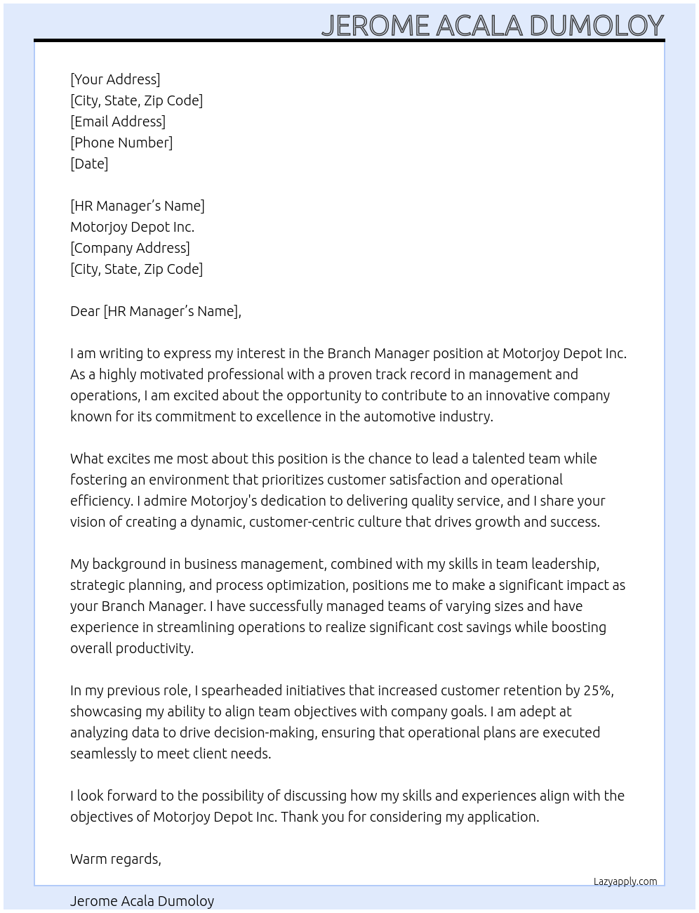 Cover letter for branch manager - LazyApply