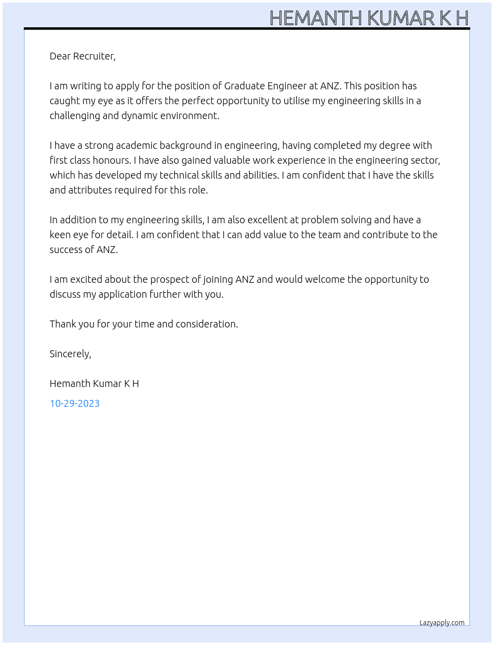 Graduate Engineer At ANZ Cover Letter