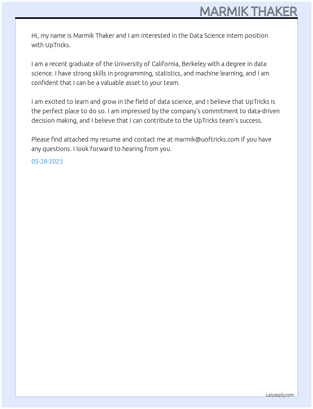 Data Science Intern At UpTricks Cover Letter