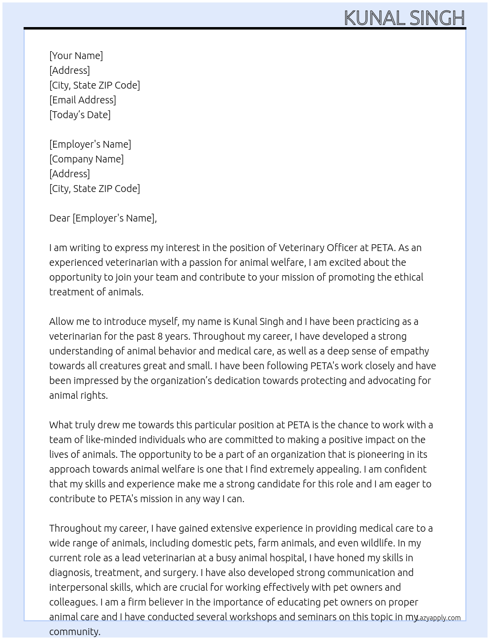 veterinary officer At Peta  Cover Letter