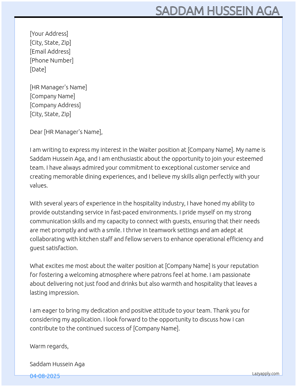 Waiter At Waiter Cover Letter