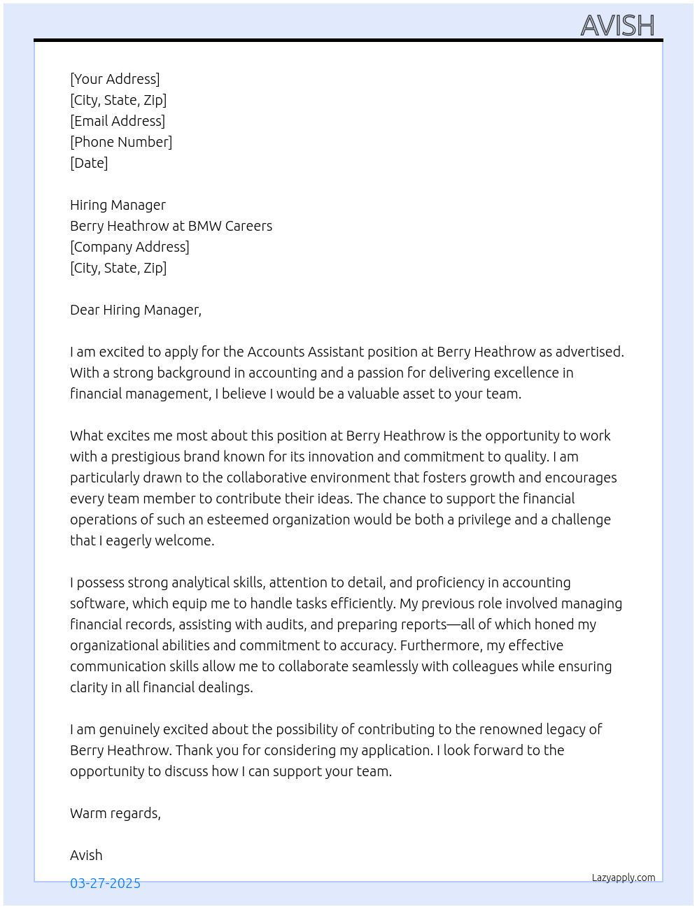 Accounts Assistant At Berry Heathrow at BMW Careers Cover Letter