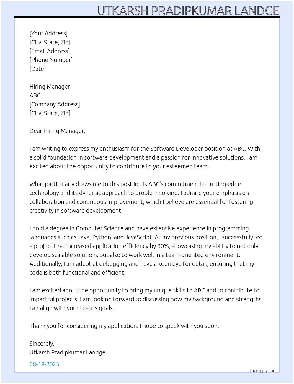 software developer At abc Cover Letter