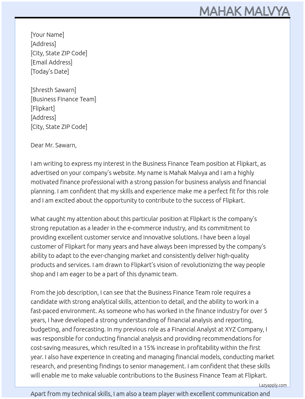 Business finance team At Flipkart Cover Letter