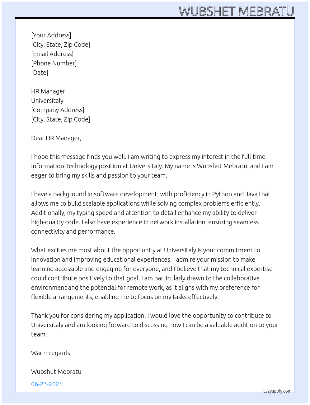 Information Technology At Universitaly Cover Letter