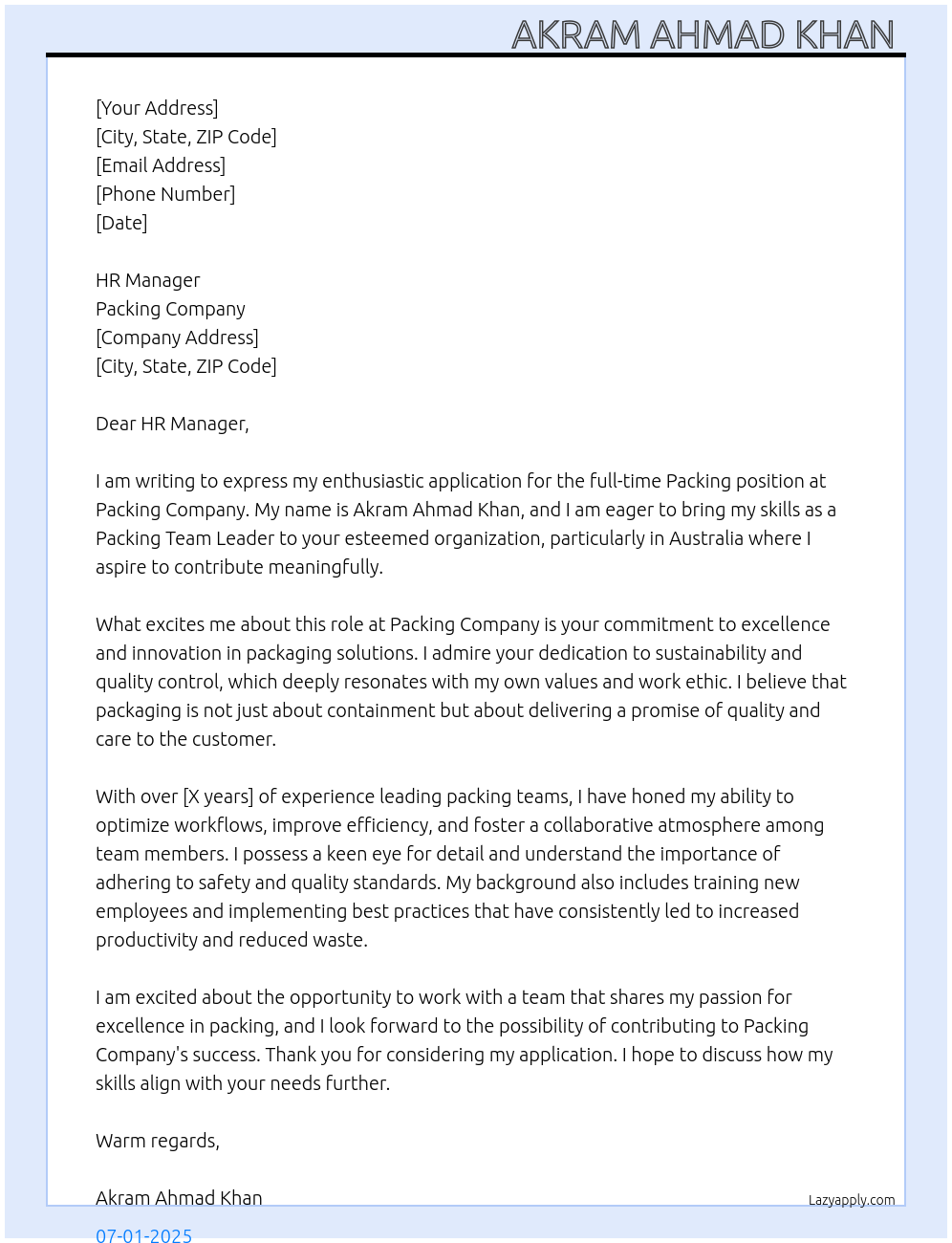 Packing At Packing company Cover Letter